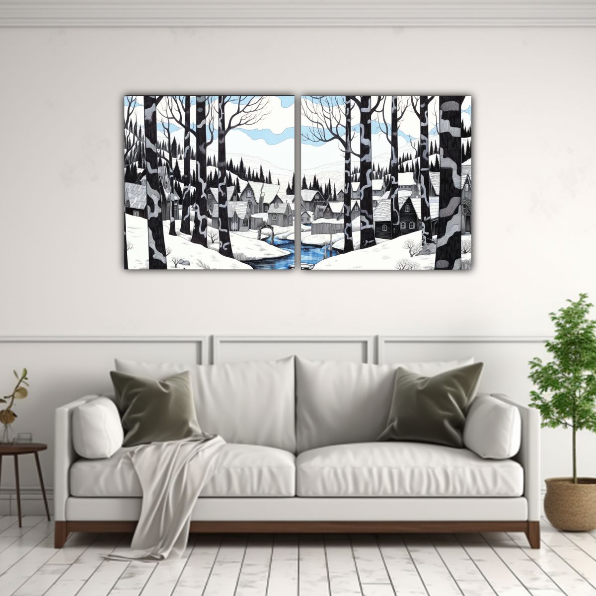 GENERICO - Cuadro De Decoración Line Drawing Bosque Nevado 120x60 Cm