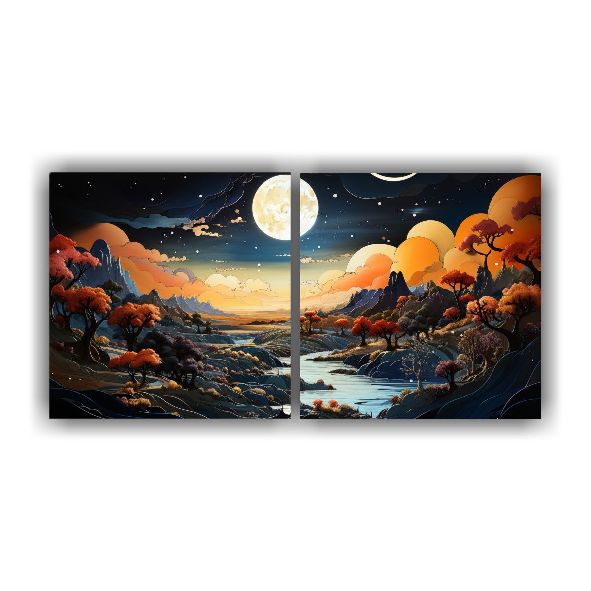 GENERICO - Pintura Díptico De Colores Llamativo Con Luna En 120x60 Cm