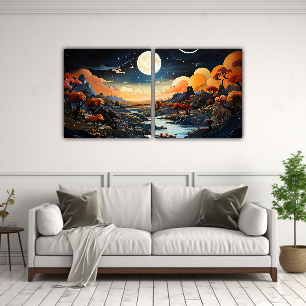 GENERICO - Pintura Díptico De Colores Llamativo Con Luna En 120x60 Cm