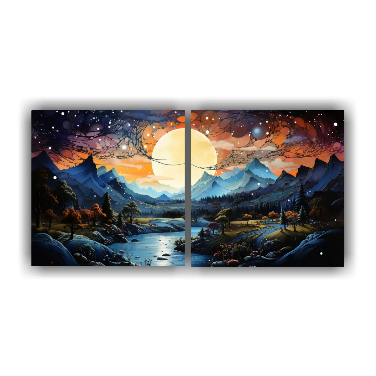 GENERICO - Pintura De Paisaje De Montaña Con Luna Y Colores 120x60 Cm