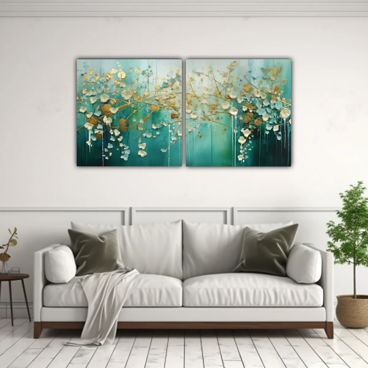 GENERICO - Cuadro Moderno En Tonos Verdes Y Dorados Estilo 120x60 Cm