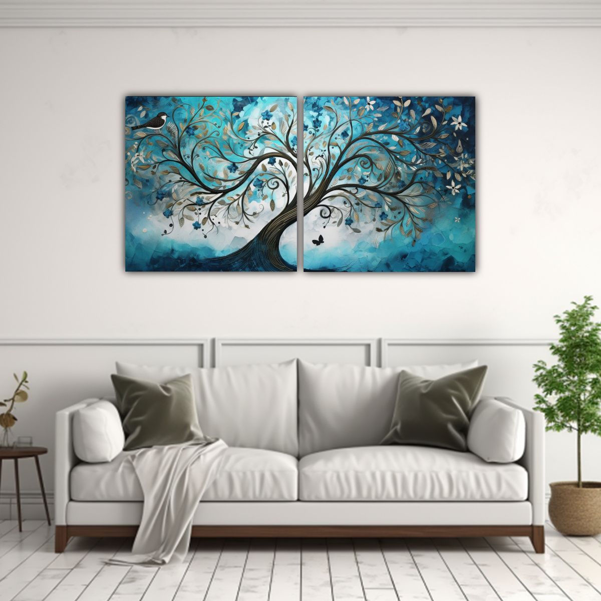 GENERICO - Cuadro Moderno árbol Turquesa Y Plateado En 120x60 Cm