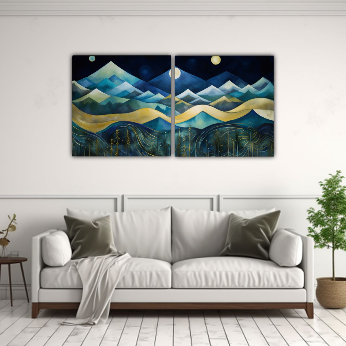 GENERICO - Díptico Paisaje Abstracto De Montañas Nocturnas 120x60 Cm