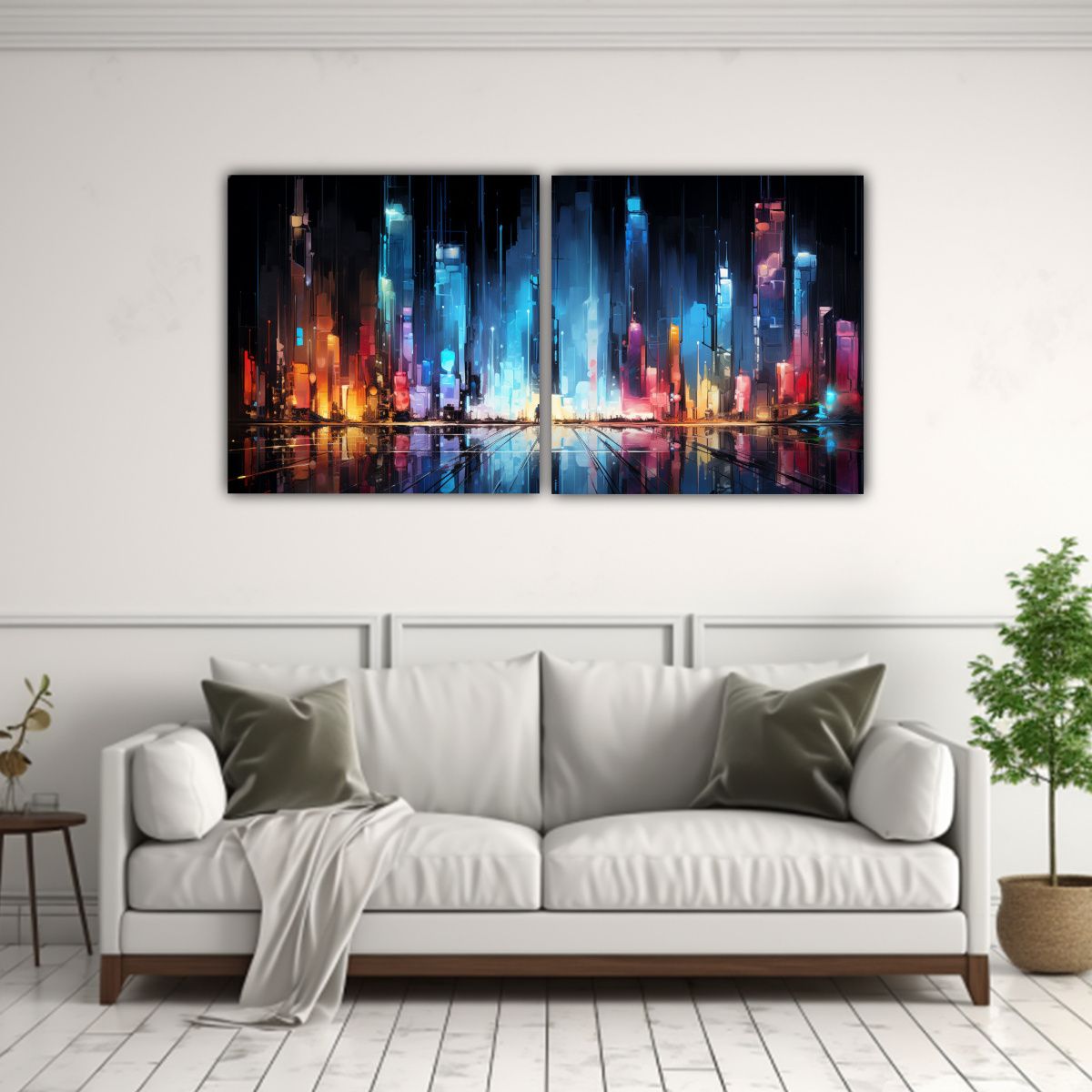 GENERICO - Set 2 Lienzos Escena Abstracta Ciudad En Luces 140x70 Cm