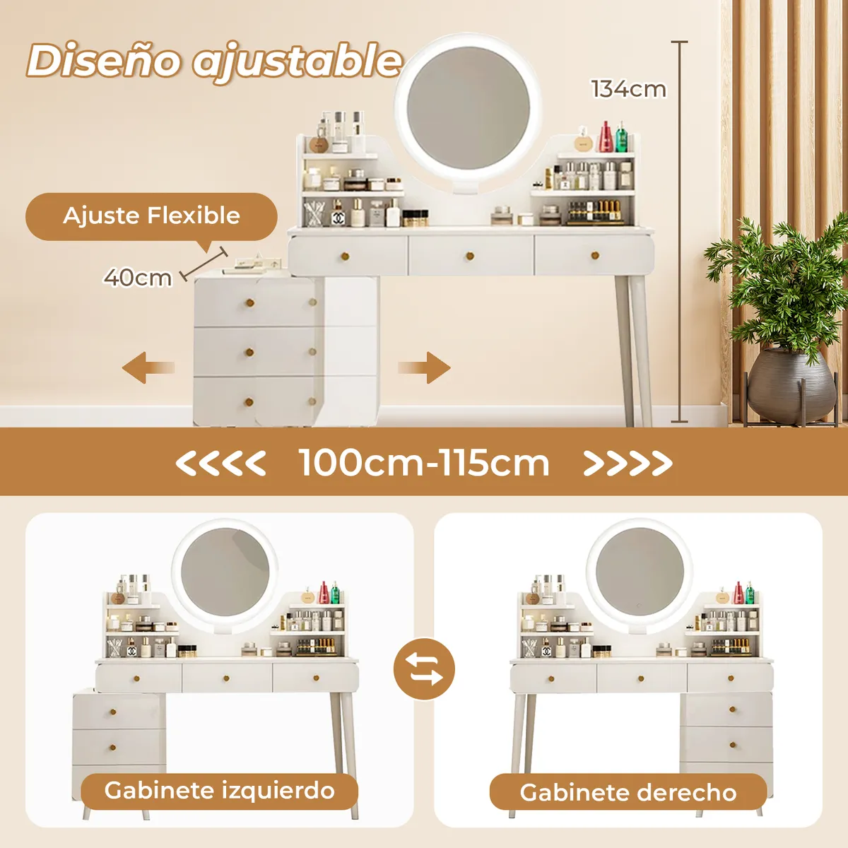 ROHE - Tocador Espejo Con Luz Ajustable (100-115) x 40 x 135CM Blanco