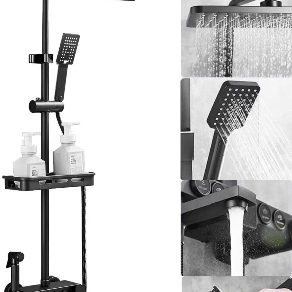 KUANGYE - Sistema de ducha expuesto negro mate 4 función canilla de ducha giratorio de 20cm