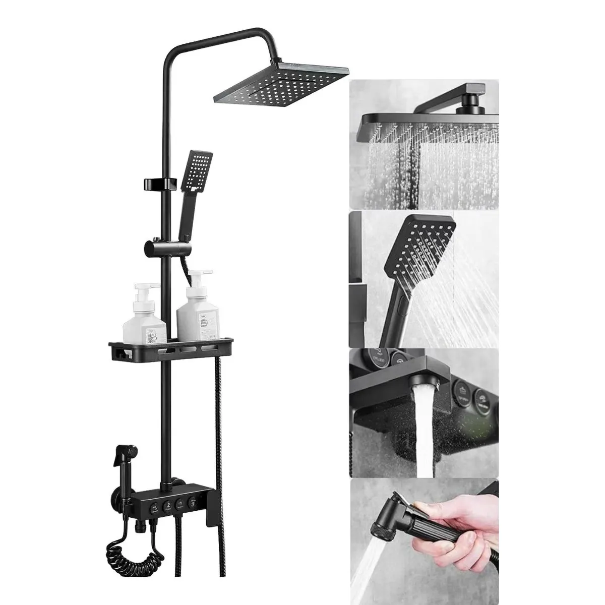 KUANGYE - Sistema de ducha expuesto negro mate 4 función canilla de ducha giratorio de 20cm