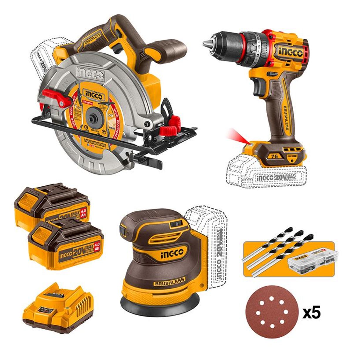 INGCO - Kit Ingco P20S Brushless 3en1 Taladro + Sierra + Lijadora