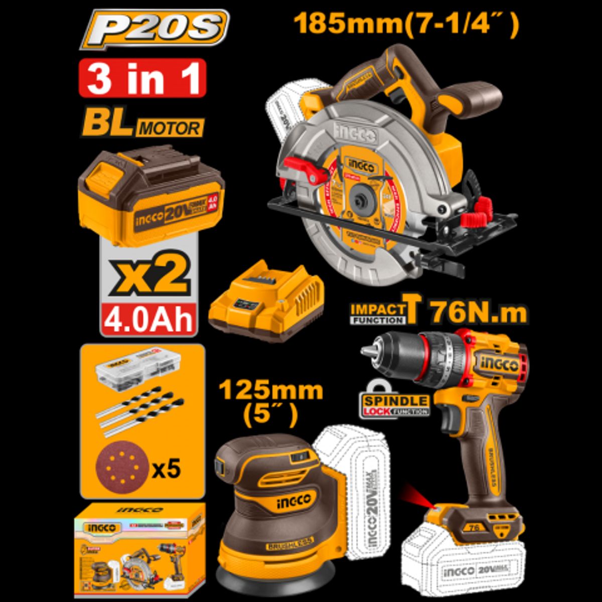 INGCO - Kit Ingco P20S Brushless 3en1 Taladro + Sierra + Lijadora