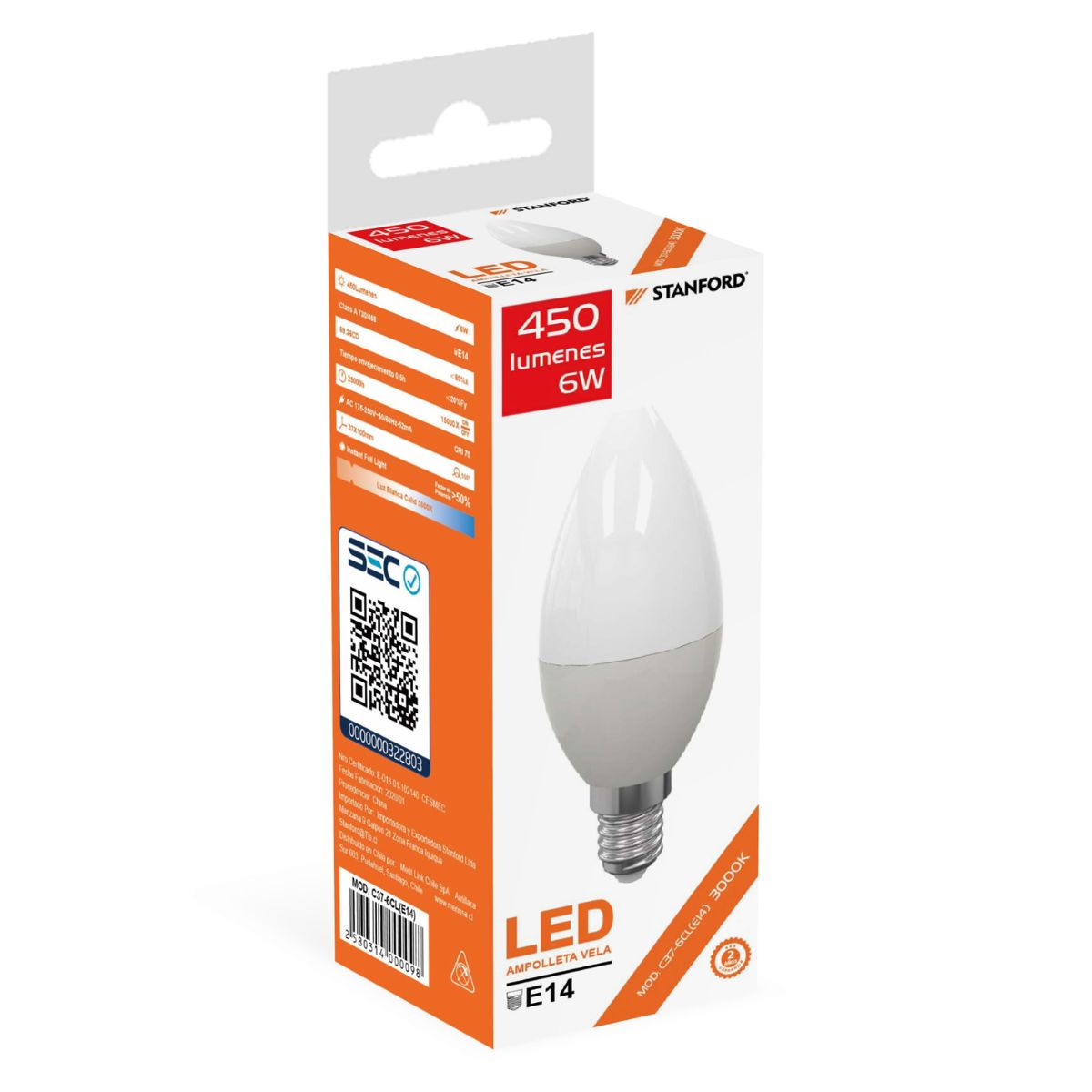 STANFORD - Ampolleta Vela LED 6W E14 Luz Cálida 3000K