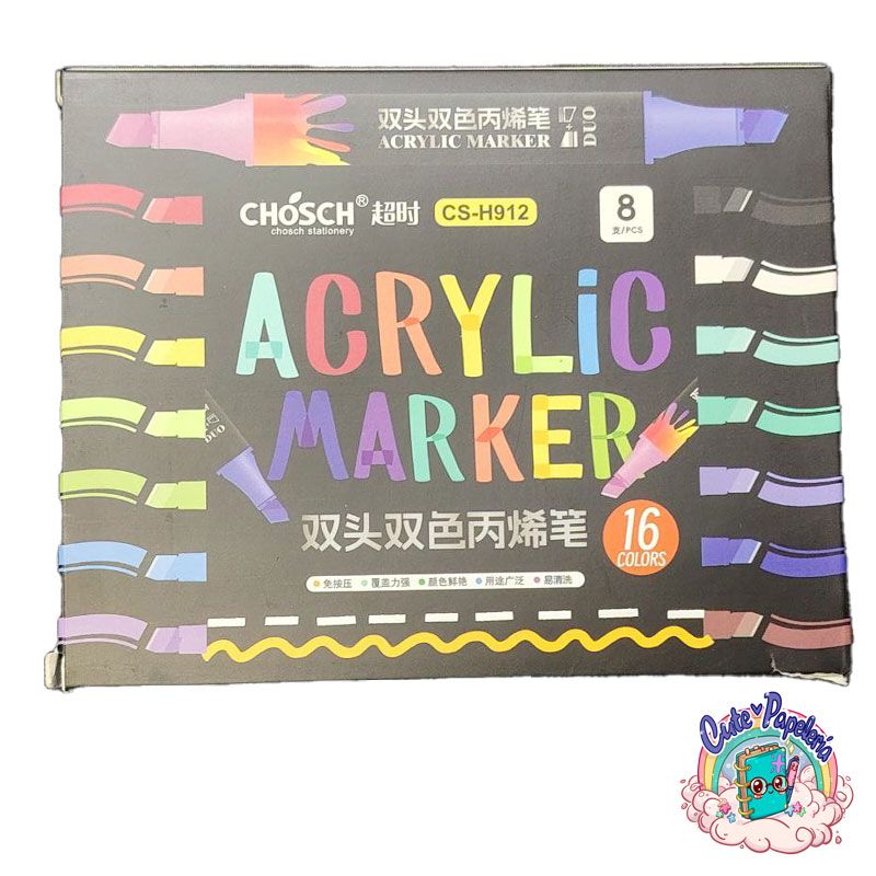 GENERICO - 8 Lápices Acrílicos 16 Colores Doble Punta Basic Set