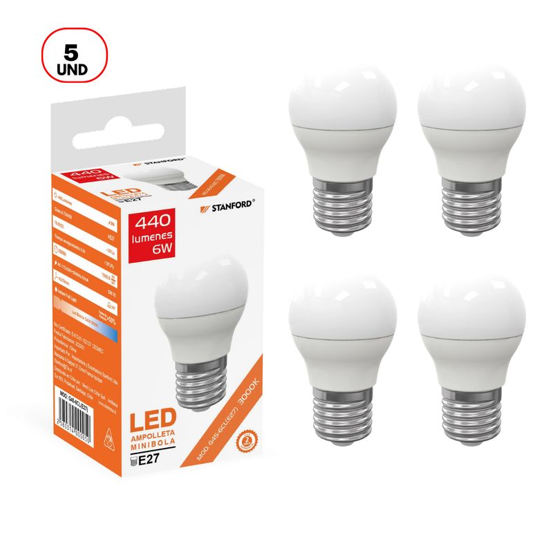 STANFORD - Pack 5 Ampolleta LED Mini Bola 6W E27 Luz Cálida