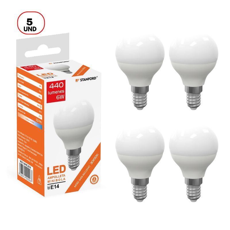 STANFORD - Pack 5 Ampolleta LED Mini Bola 6W E14 Luz Cálida