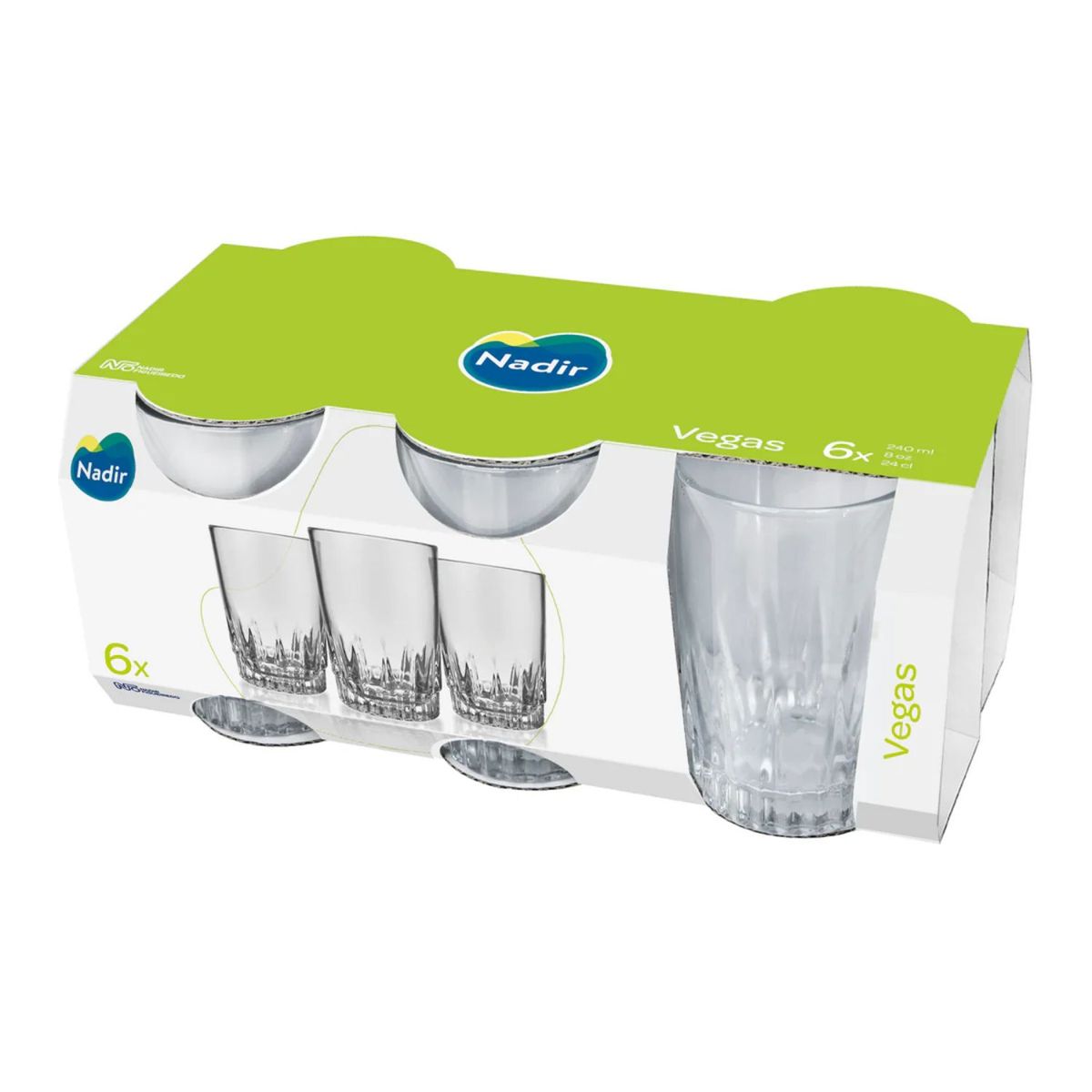 NADIR - Set 6 Vasos Vidrio 240mL Modelo Vegas Resistentes Hogar
