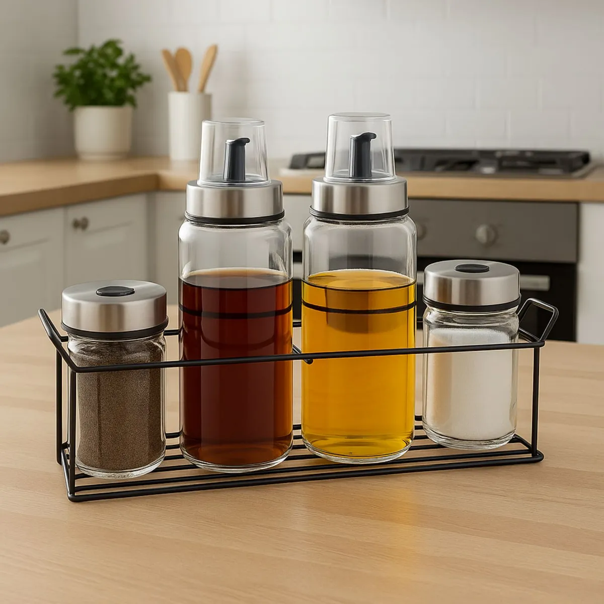 GENERICO - Set 2 Botellas Dispensadoras Aceite Vinagre + 2 Especieros