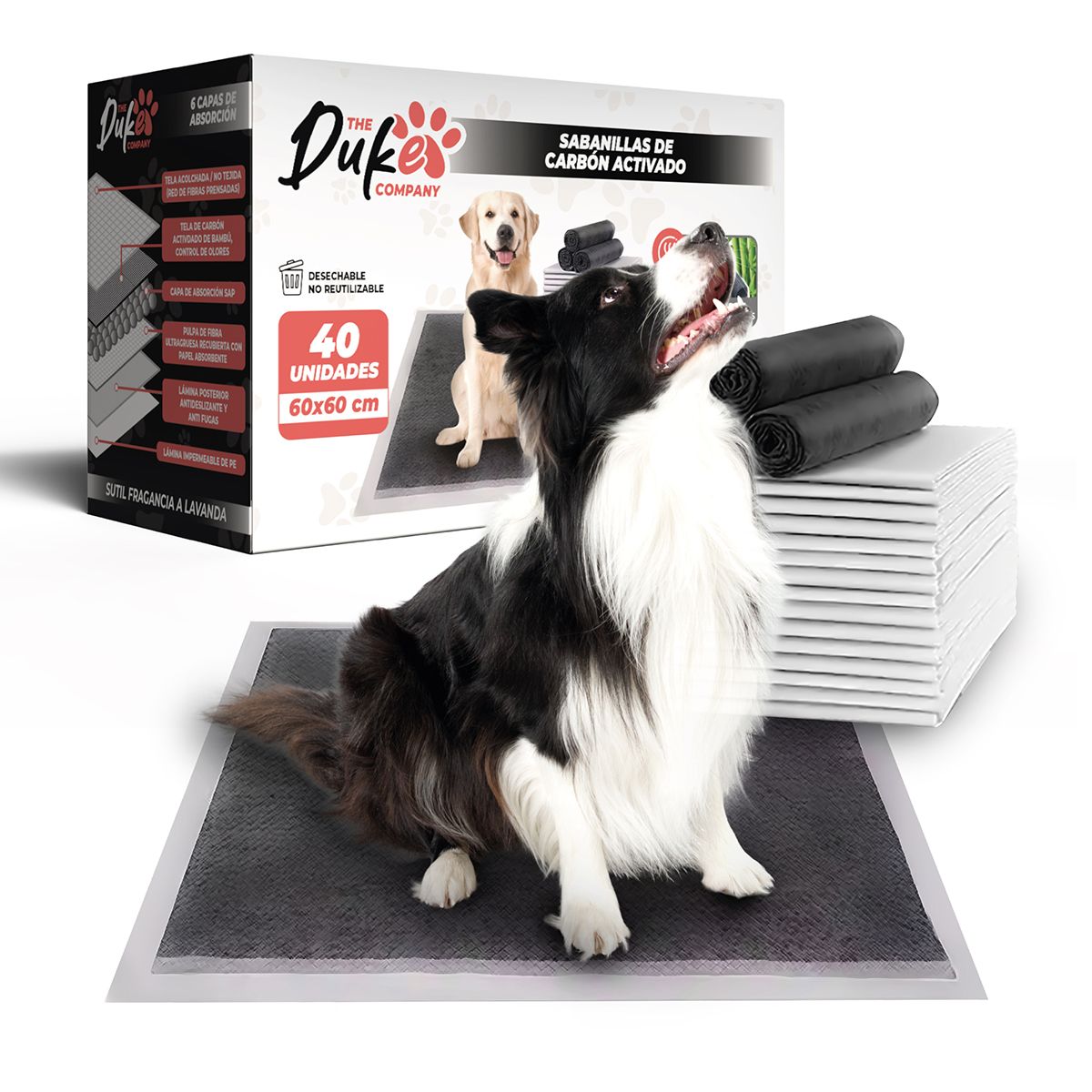 THE DUKE COMPANY - Sabanillas Para Perro Carbon 60x60 Duke 6 Capas Aromaticas 40U Pad
