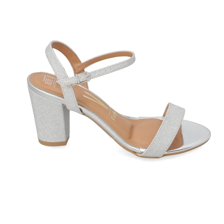 Sandalia Fiesta Taco Ancho Plateado Mujer
