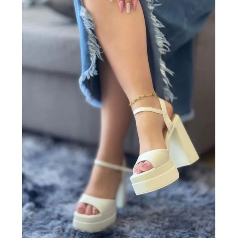 SNOOPY - Sandalias Blancas Mujer  Taco Alto con Plataforma M403 (Horma Pequeña)