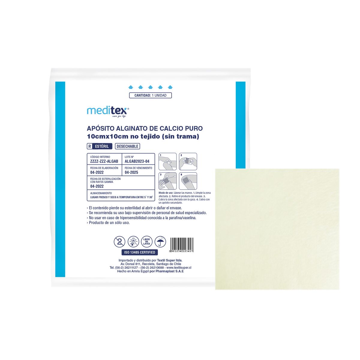 APÓSITO DE ALGINATO DE CALCIO PURO 10CM X 10CM ESTÉRIL, marca MEDITEX - Foto Principal