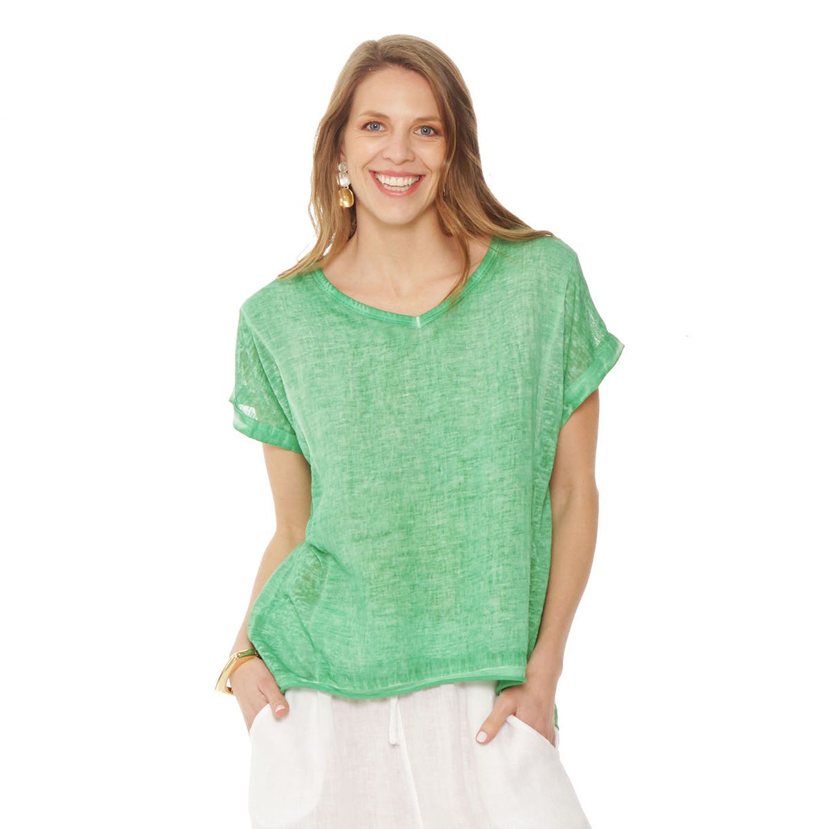 WADOS - BLUSA MANGA CORTA LINO SOLIDA ESCOTE V CORTE DELANTEROI