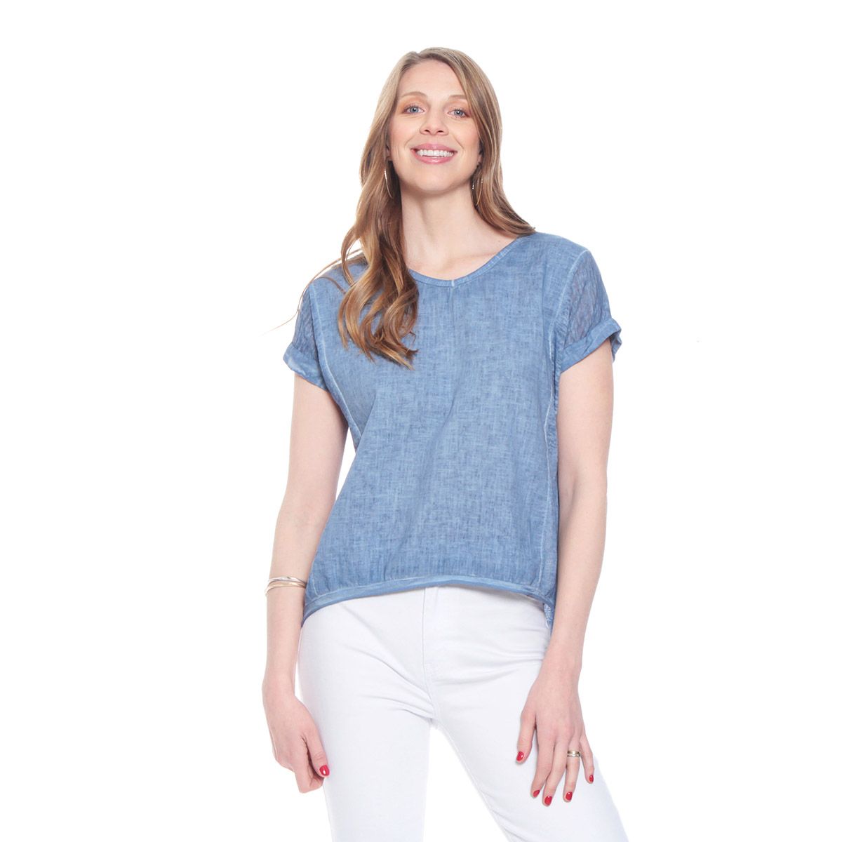 WADOS - BLUSA MANGA CORTA LINO SOLIDA ESCOTE V CORTE DELANTEROI