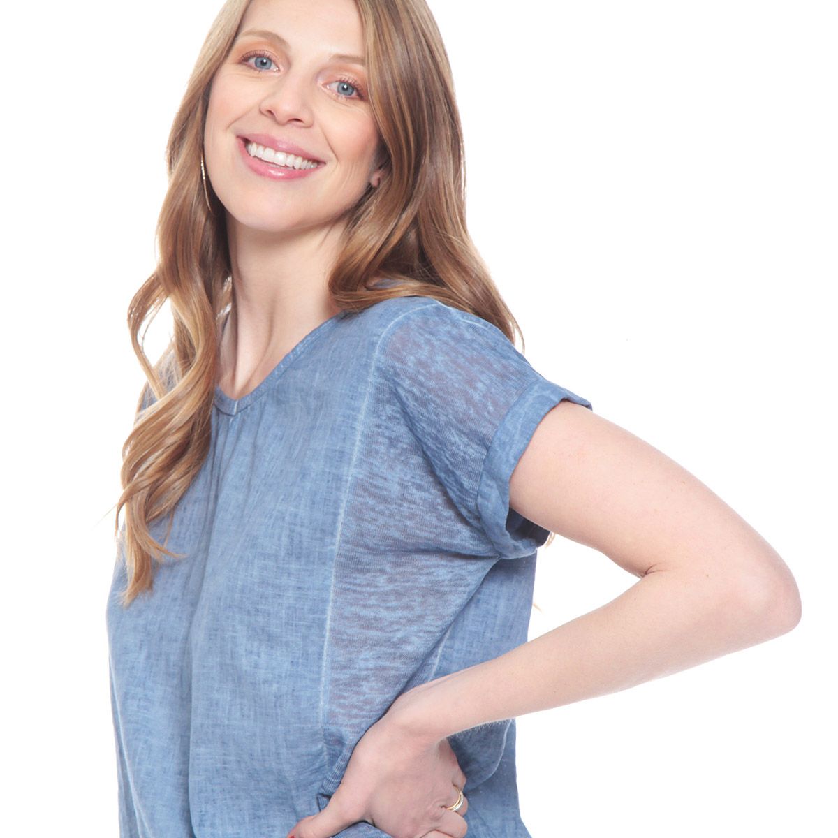 WADOS - BLUSA MANGA CORTA LINO SOLIDA ESCOTE V CORTE DELANTEROI