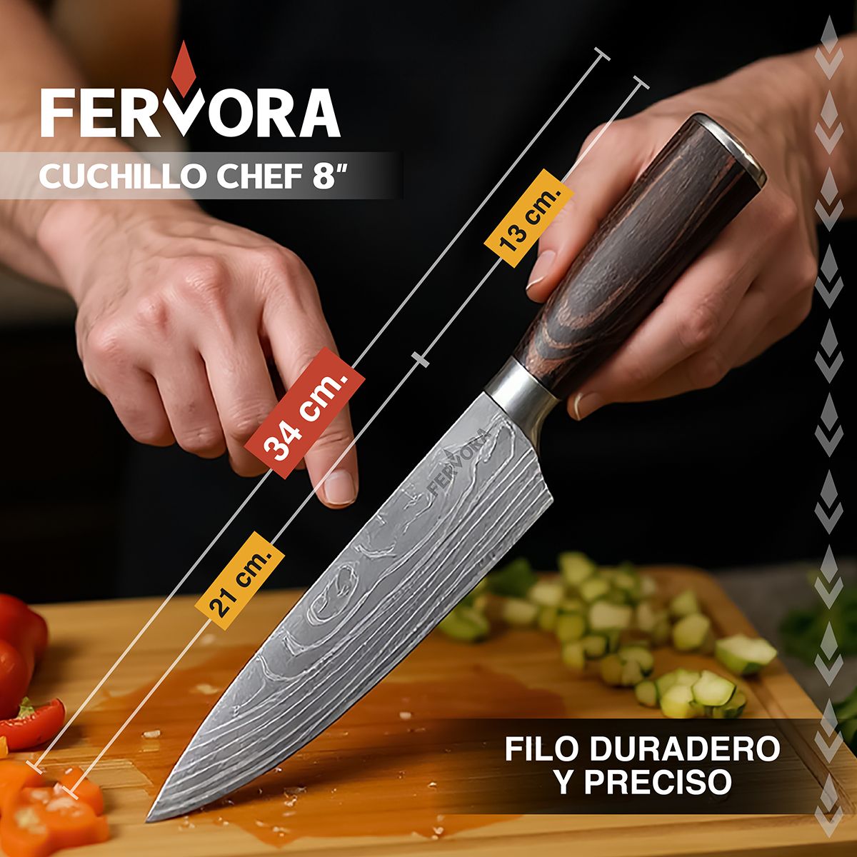 HOMELY - Cuchillo Chef 21 Cm Fervora Profesional  Cocina 8" Acero Inoxidable 3CR13