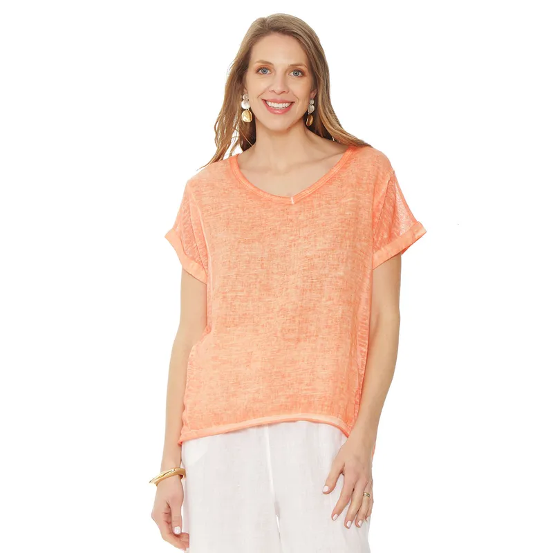 WADOS - BLUSA MANGA CORTA LINO SOLIDA ESCOTE V CORTE DELANTEROI