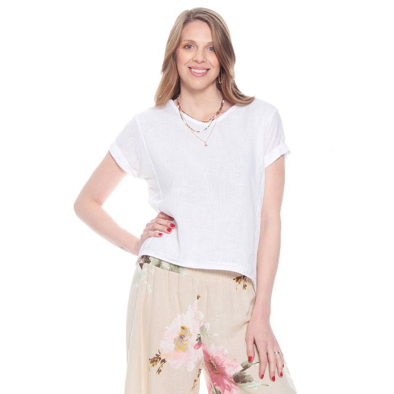 WADOS - BLUSA MANGA CORTA LINO SOLIDA ESCOTE V CORTE DELANTEROI