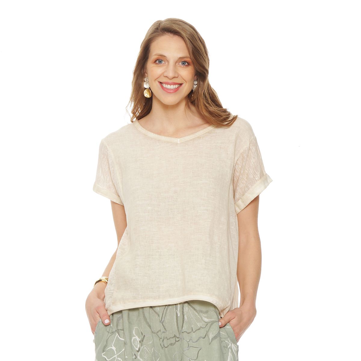 WADOS - BLUSA MANGA CORTA LINO SOLIDA ESCOTE V CORTE DELANTEROI