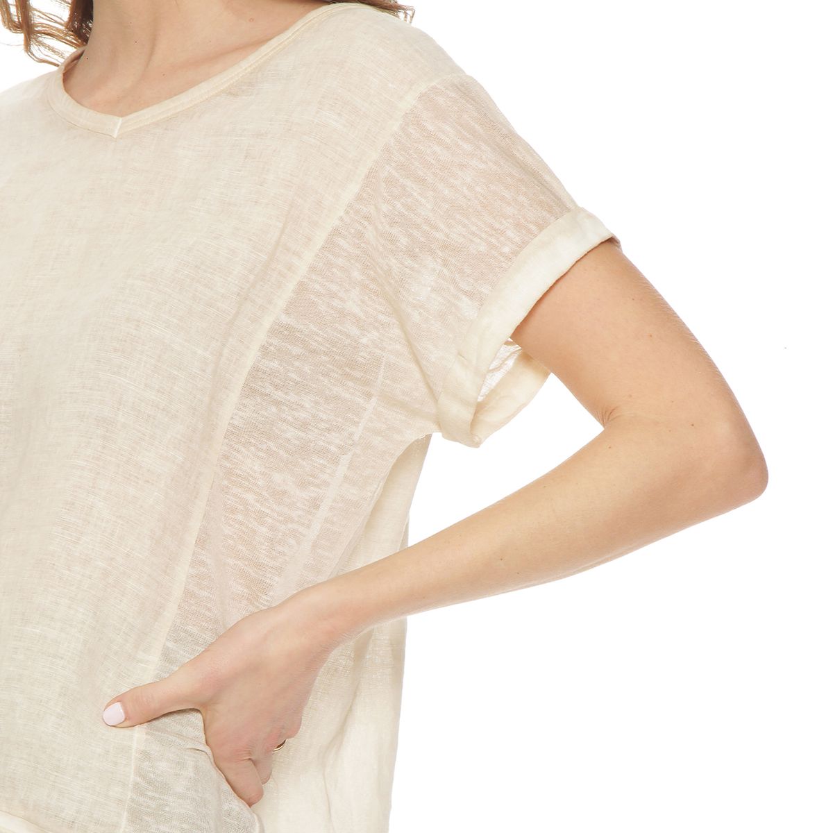 WADOS - BLUSA MANGA CORTA LINO SOLIDA ESCOTE V CORTE DELANTEROI