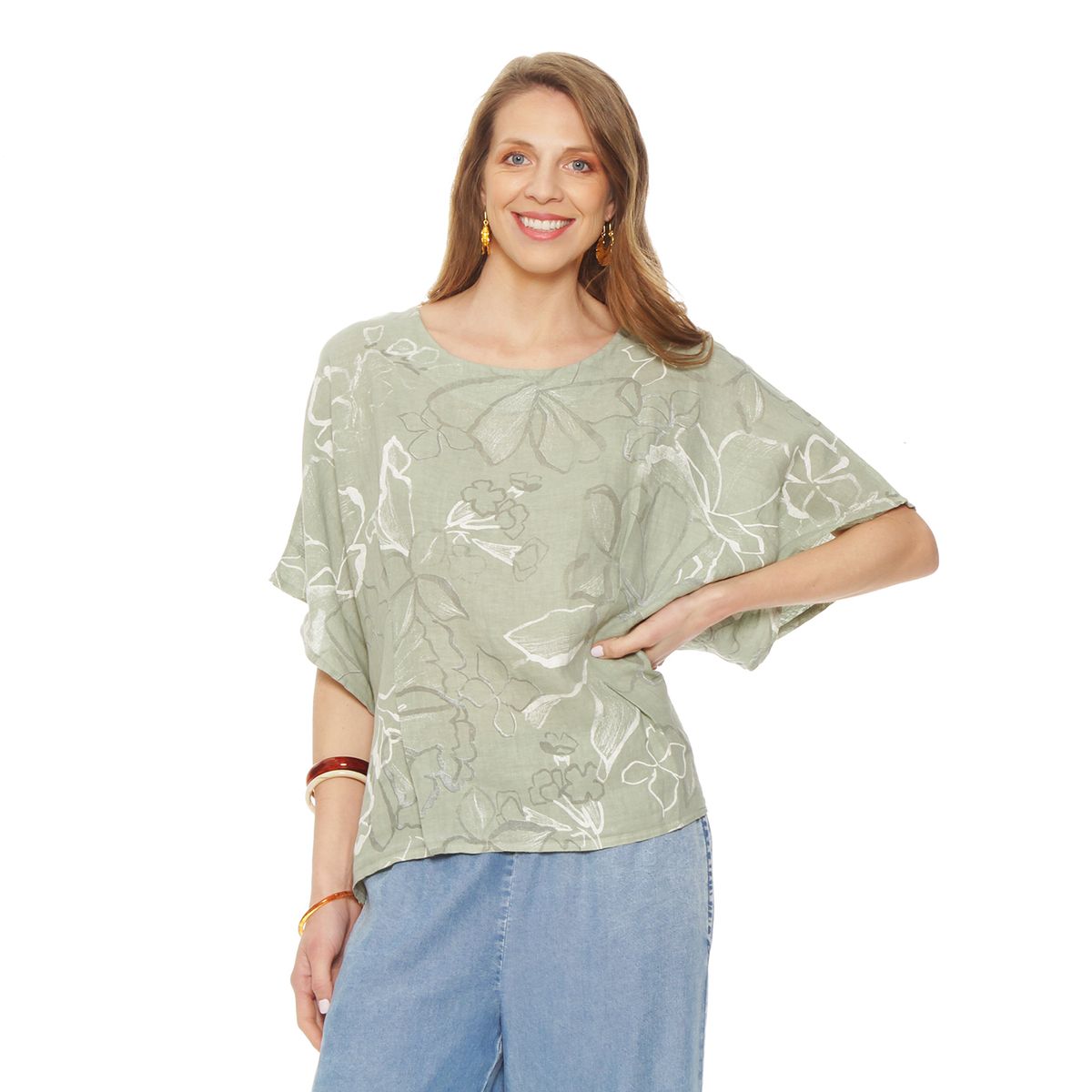 WADOS - BLUSA MANGA CORTA LINO ESTAMPADO ESCOTE REDONDO