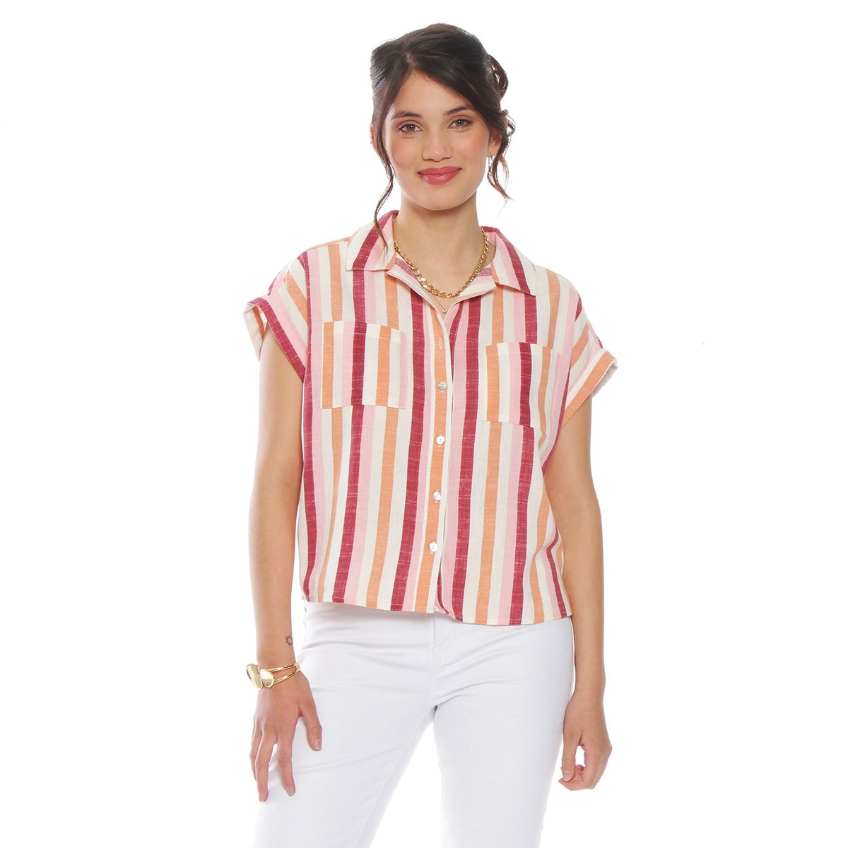 WADOS - BLUSA MANGA CORTA LISTADA ABOTONADA EN DELANTERO CON BOLSILLO