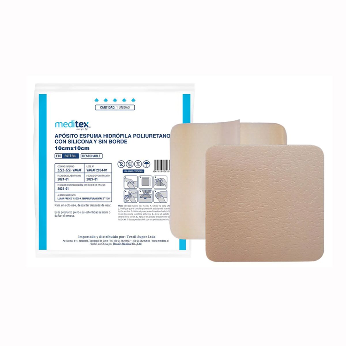 MEDITEX - APÓSITO DE ESPUMA HIDRÓFILA DE POLIURETANO CON SILICONA SIN BORDE ESTÉRIL 10CM X 10CM