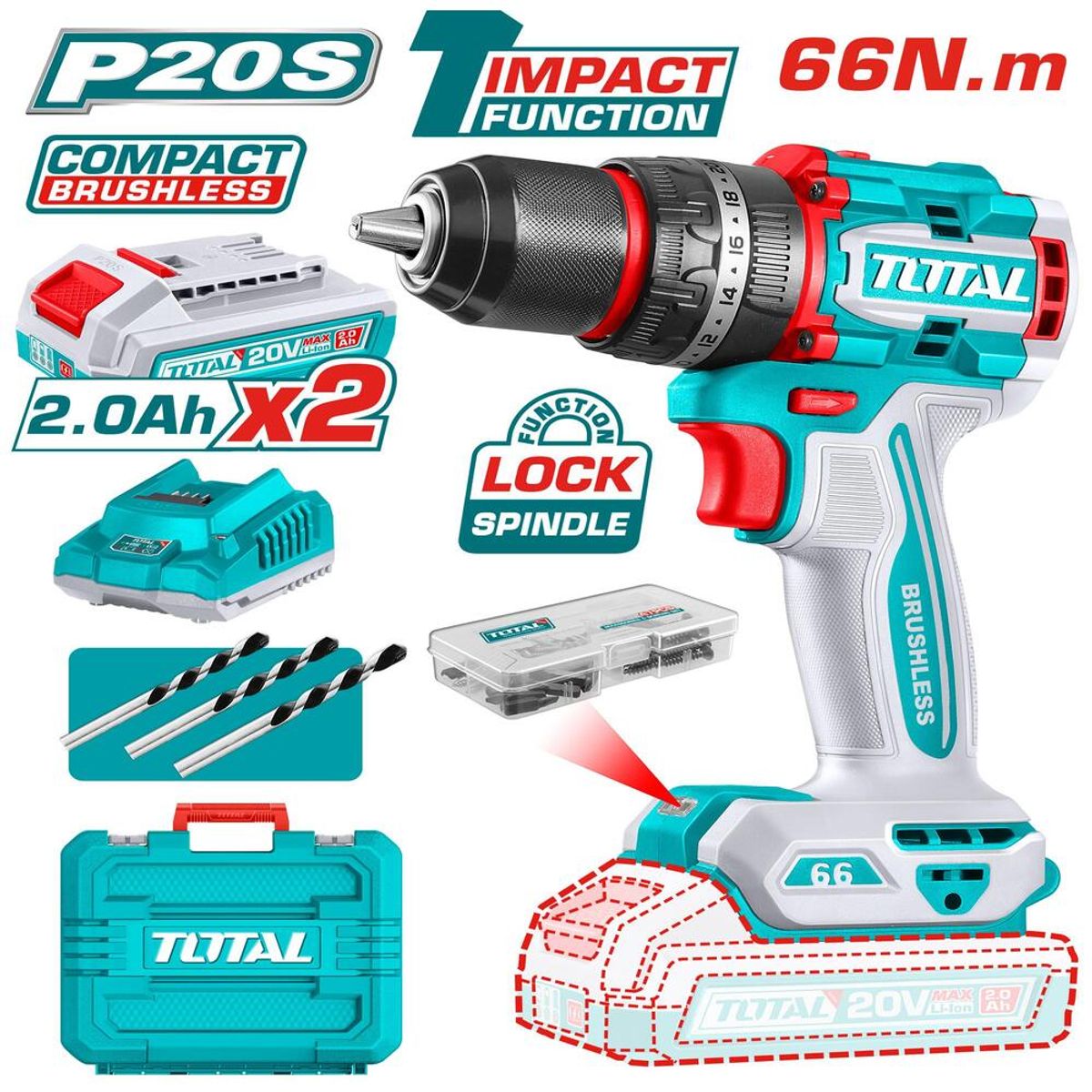 TOTAL TOOLS - Taladro Atornillador Percutor 20v 2bat+carg Total Tidli20668