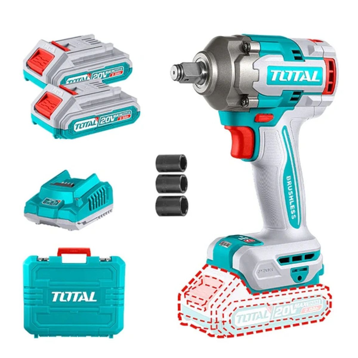 TOTAL TOOLS - Taladro Pistola Llave Impacto 20v Carg+ 2bat Total Tiwli2040