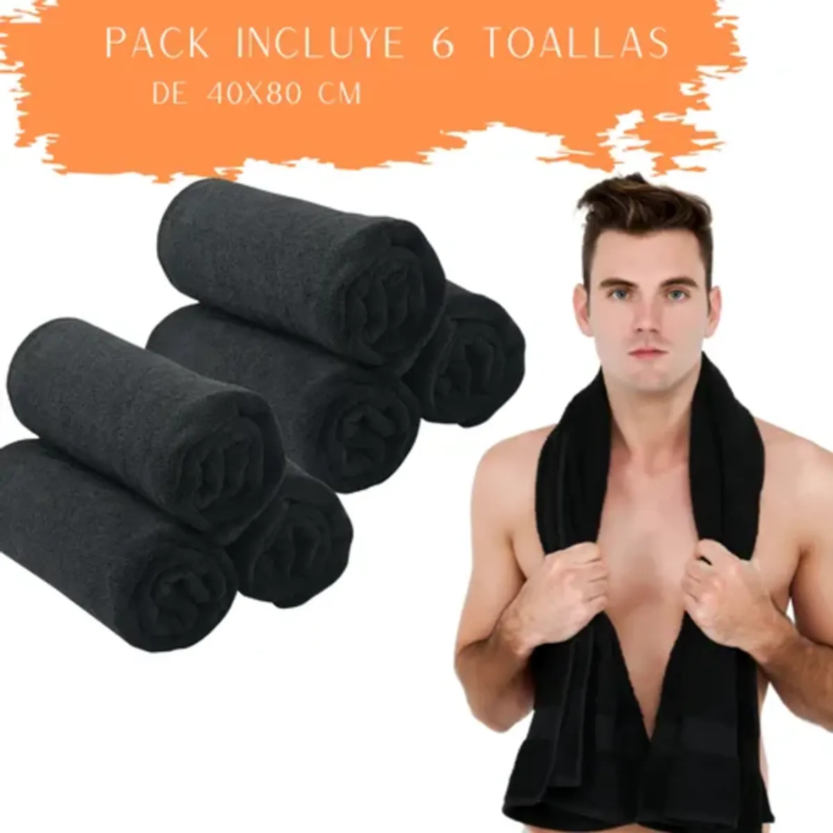 Pack 6 Toallas Microfibra 40x80 cm Negra Spa Gym Peluquería, marca GENERICO - Foto 2