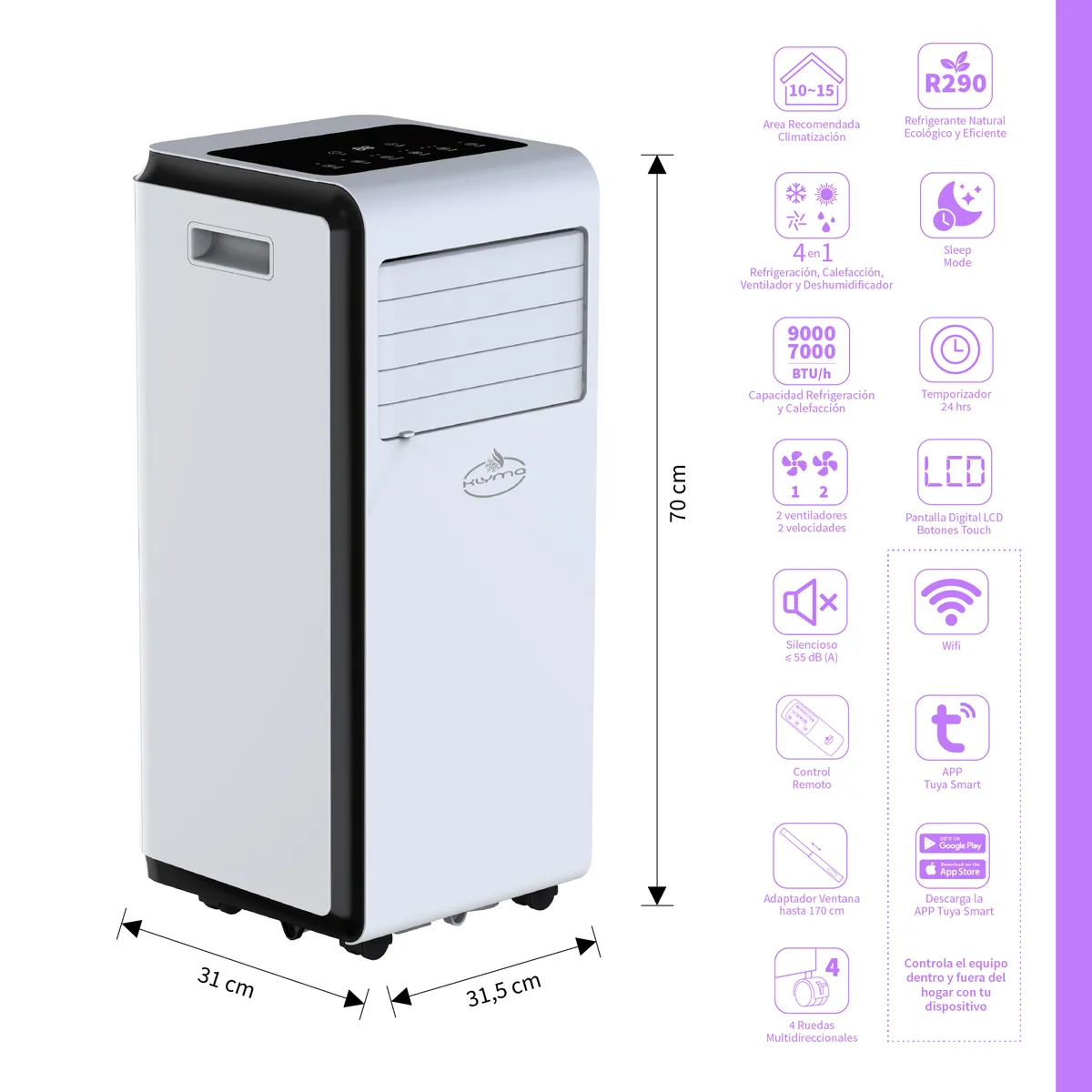 KLYMA - Aire Acondicionado Portátil FRIO-CALOR Calefactor 4en1 WiFi 9000 BTU KÖLD 9wf PRO White