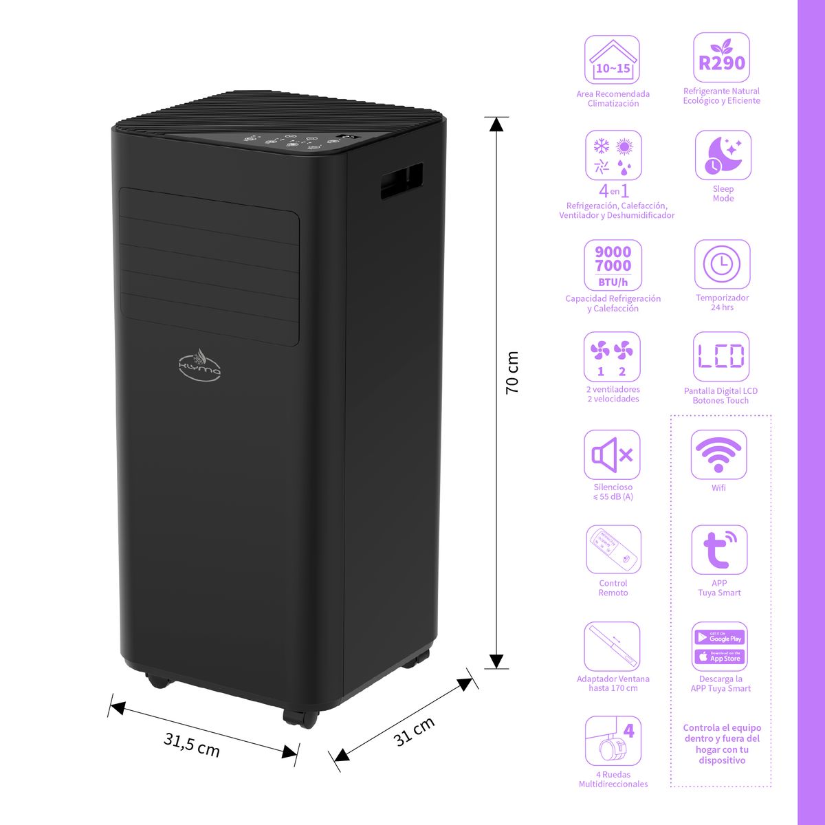 KLYMA - Aire Acondicionado Portátil FRIO-CALOR Calefactor 4en1 WiFi 9000 BTU KÖLD 9wf PRO Black