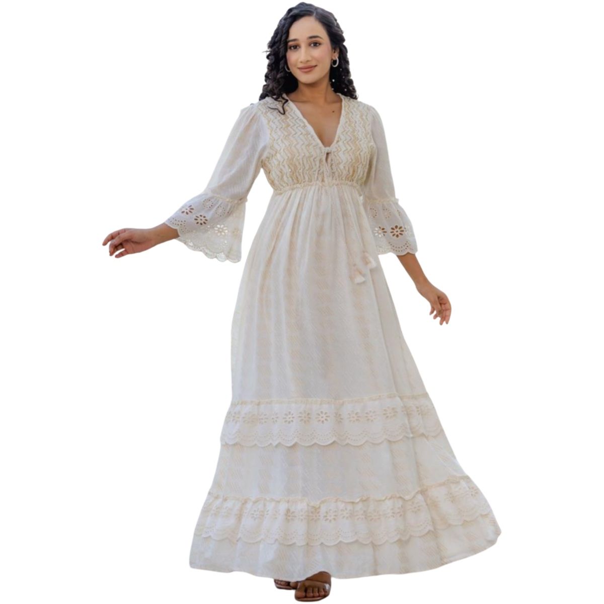 ETHNIX ART OF INDIA - Vestido Largo Blanco Algodón Bordado Mujer Moda India Verano