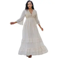 ETHNIX ART OF INDIA - Vestido Largo Blanco Algodón Bordado Mujer Moda India Verano