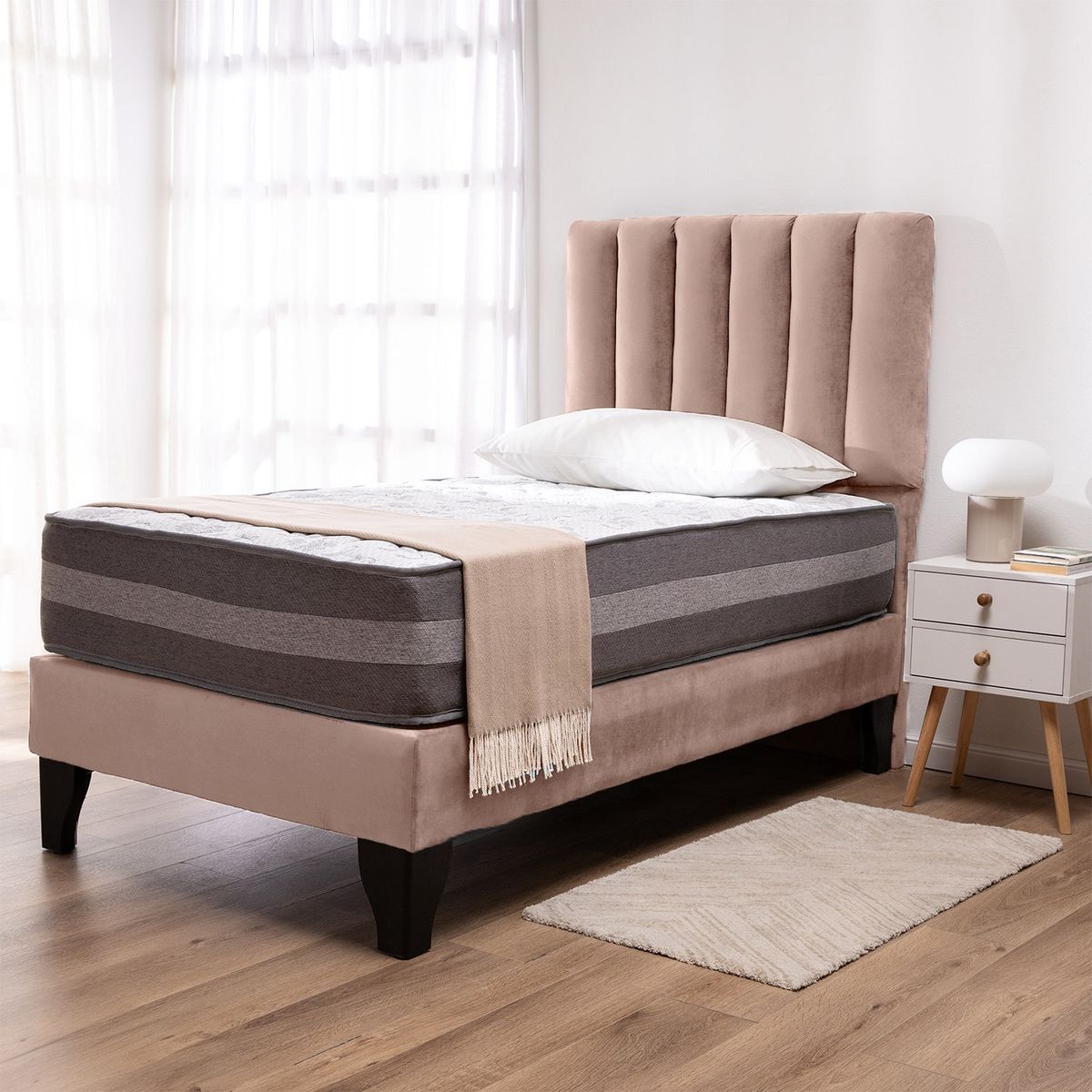 COLBOX - Cama Europea Valencia Premium + Respaldo Cadiz 1 PL Felpa Beige
