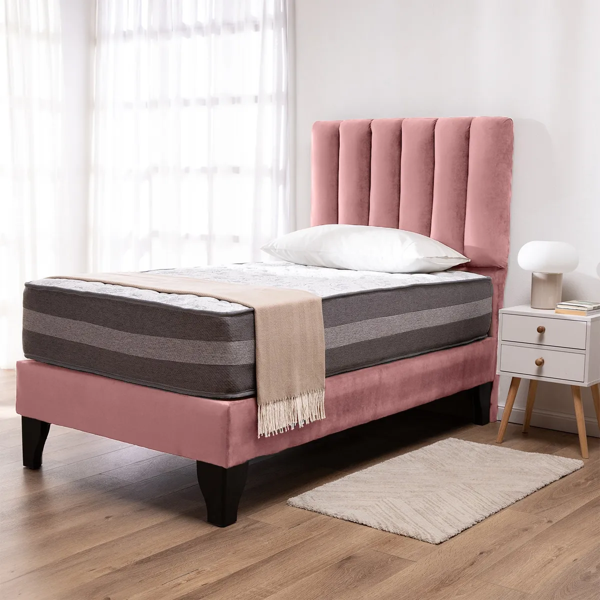 COLBOX - Cama Europea Valencia Premium + Respaldo Cadiz 1 PL Felpa Palo Rosa