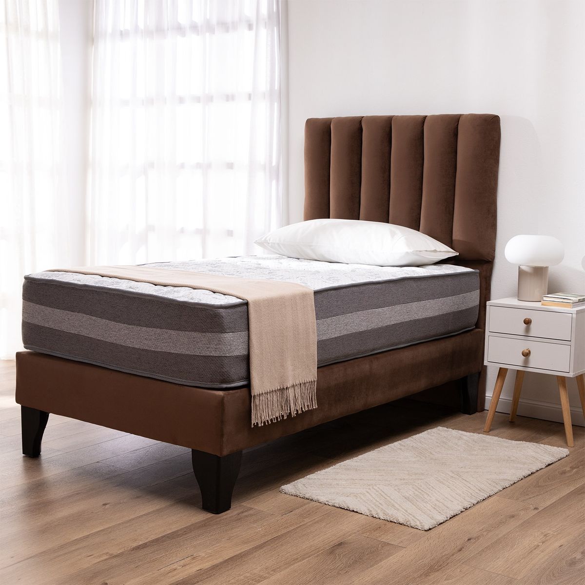 COLBOX - Cama Europea Valencia Premium + Respaldo Cadiz 15 PL Felpa Chocolate