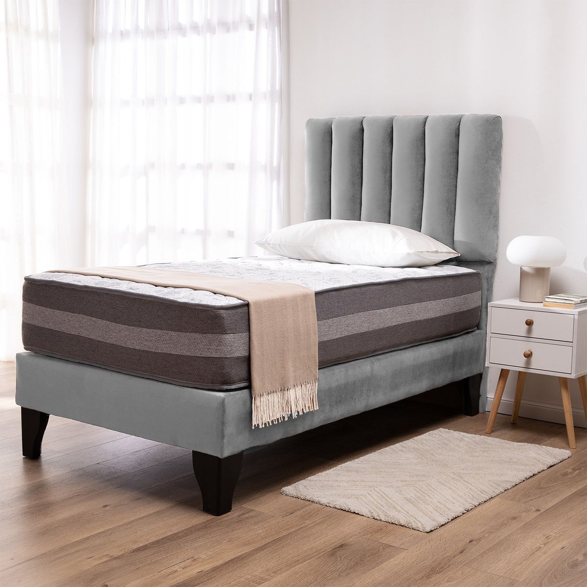 COLBOX - Cama Europea Valencia Premium + Respaldo Cadiz 15 PL Felpa Gris