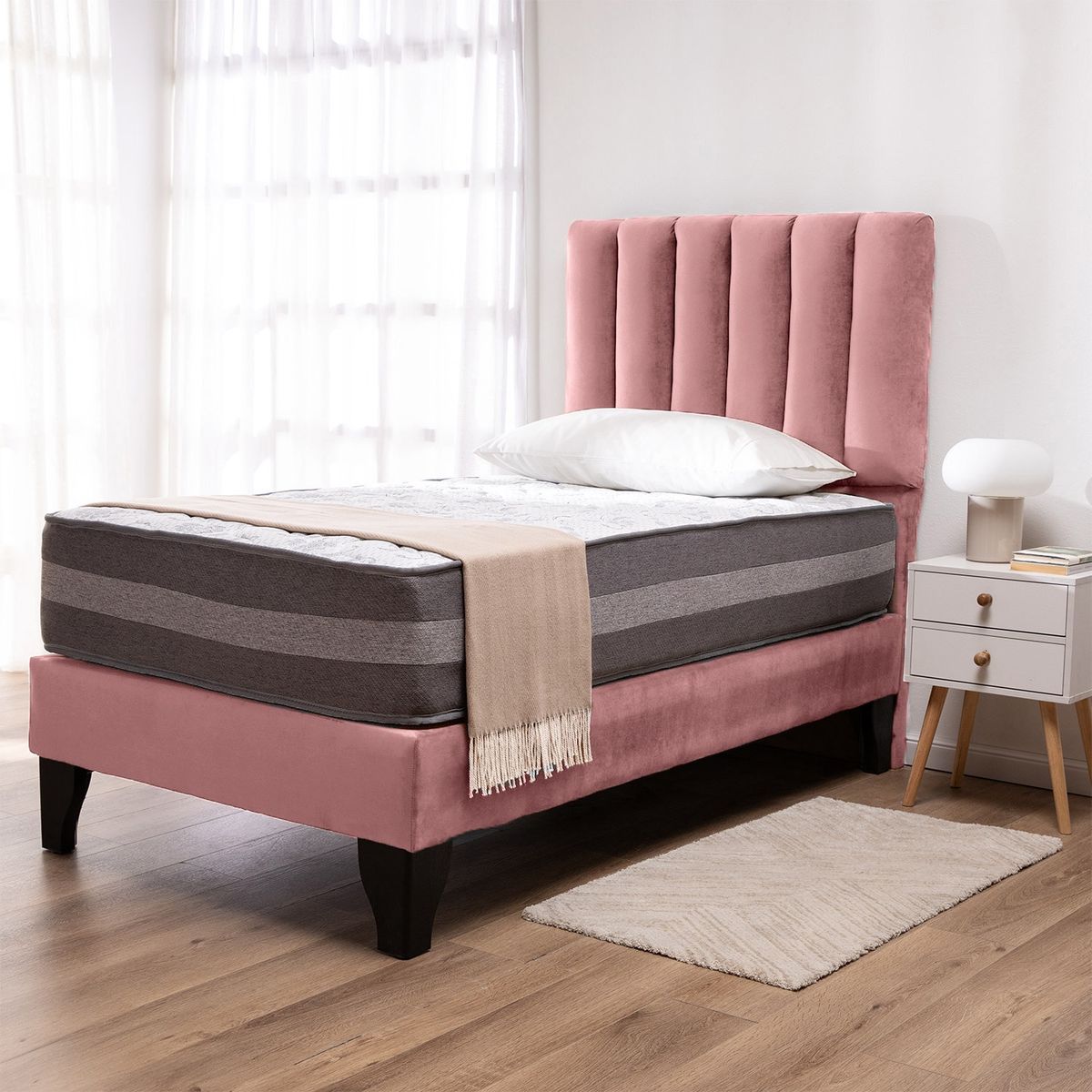 COLBOX - Cama Europea Valencia Premium + Respaldo Cadiz 15 PL Felpa Palo Rosa