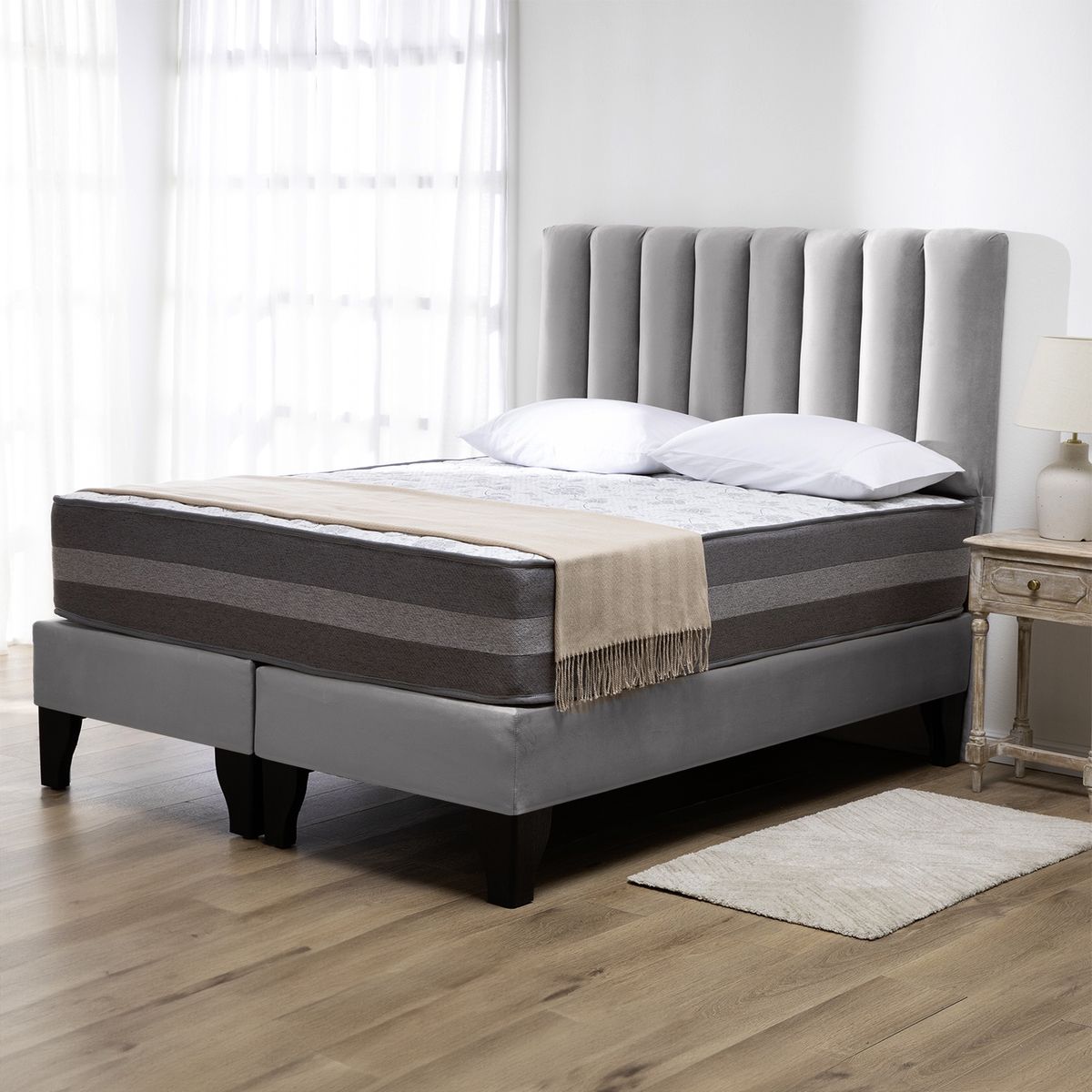 COLBOX - Cama Europea Valencia Premium + Respaldo Cadiz 2 PL Felpa Gris