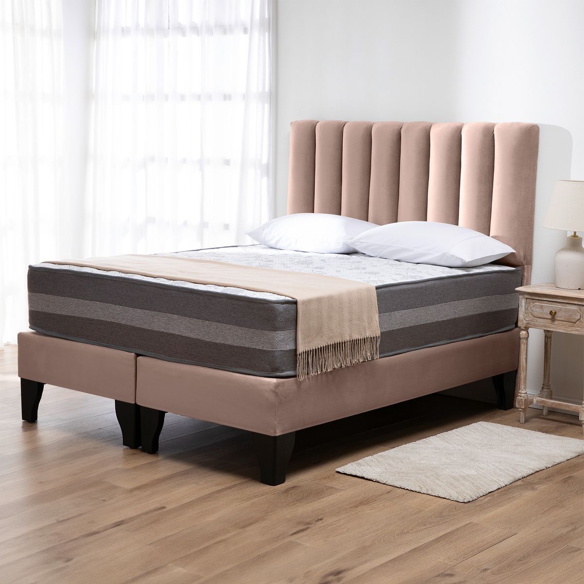 COLBOX - Cama Europea Valencia Premium + Respaldo Cadiz 2 PL Felpa Beige