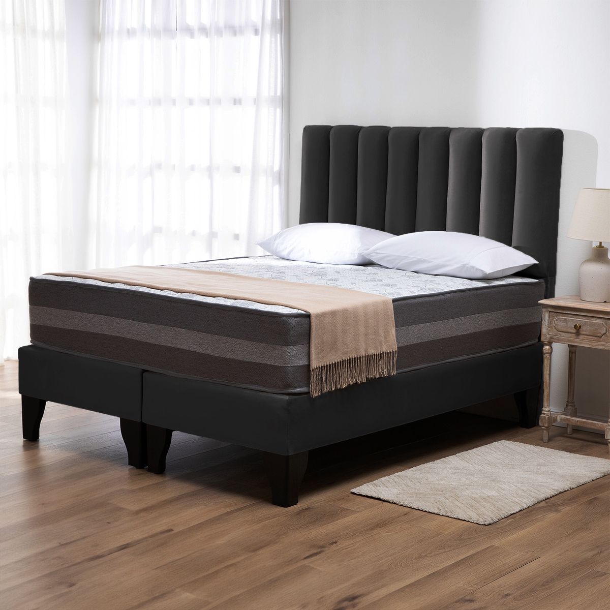 COLBOX - Cama Europea Valencia Premium + Respaldo Cadiz 2 PL Felpa Negro