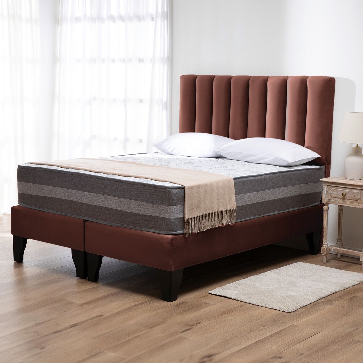 COLBOX - Cama Europea Valencia Premium + Respaldo Cadiz 2 PL Felpa Chocolate